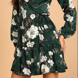 Lulu’s So Splendid Dark Green Floral Wrap Dress